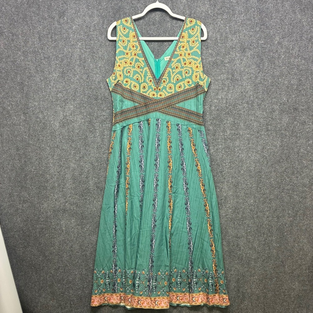 Ursime Floral Print Sleeveless V-Neck Midi Dress Womens 3XL Teal Boho A-Line
